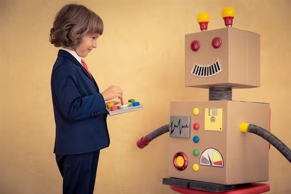 el yapımı robotla oynayan çocuk