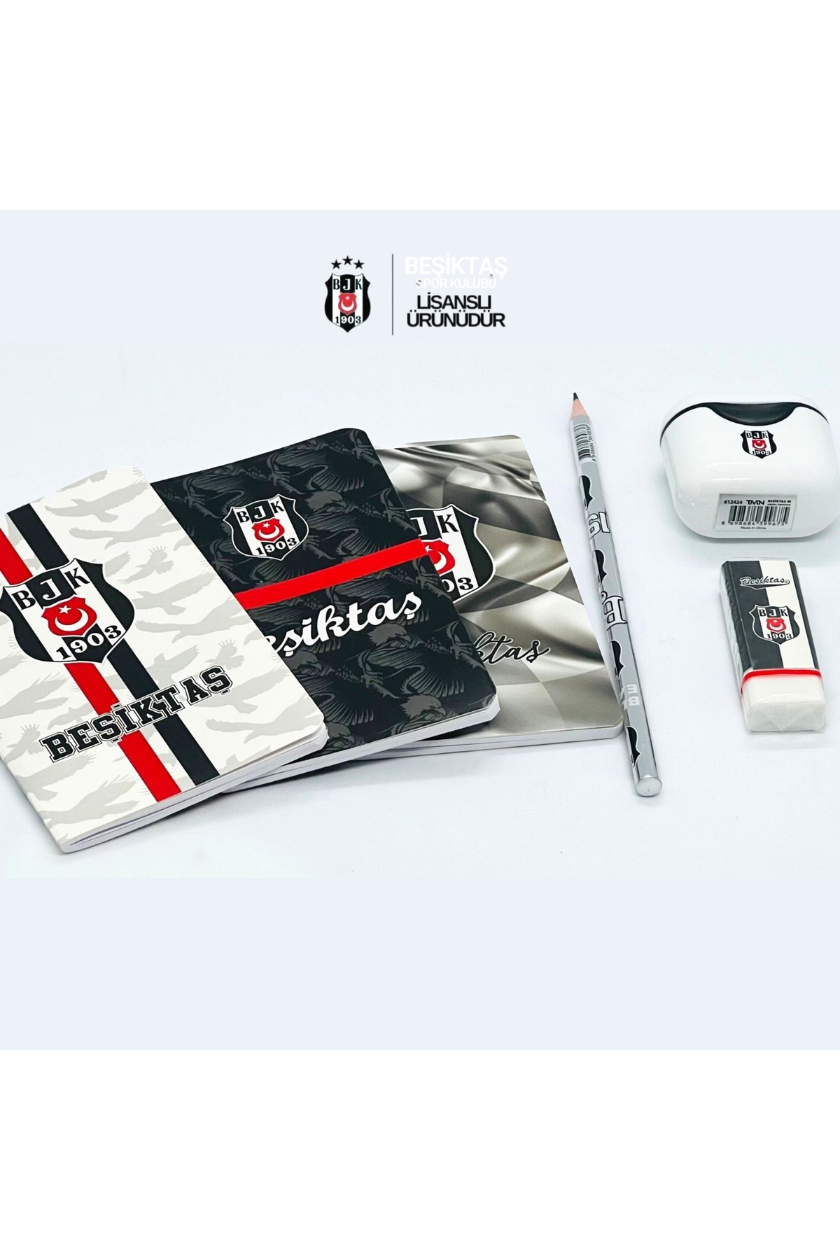 Beşiktaş Lisanslı Kırtasiye Seti, 3 Defter, Kurşun Kalem, Silgi ve Kalemtraş Beşiktaşlı Okul Seti