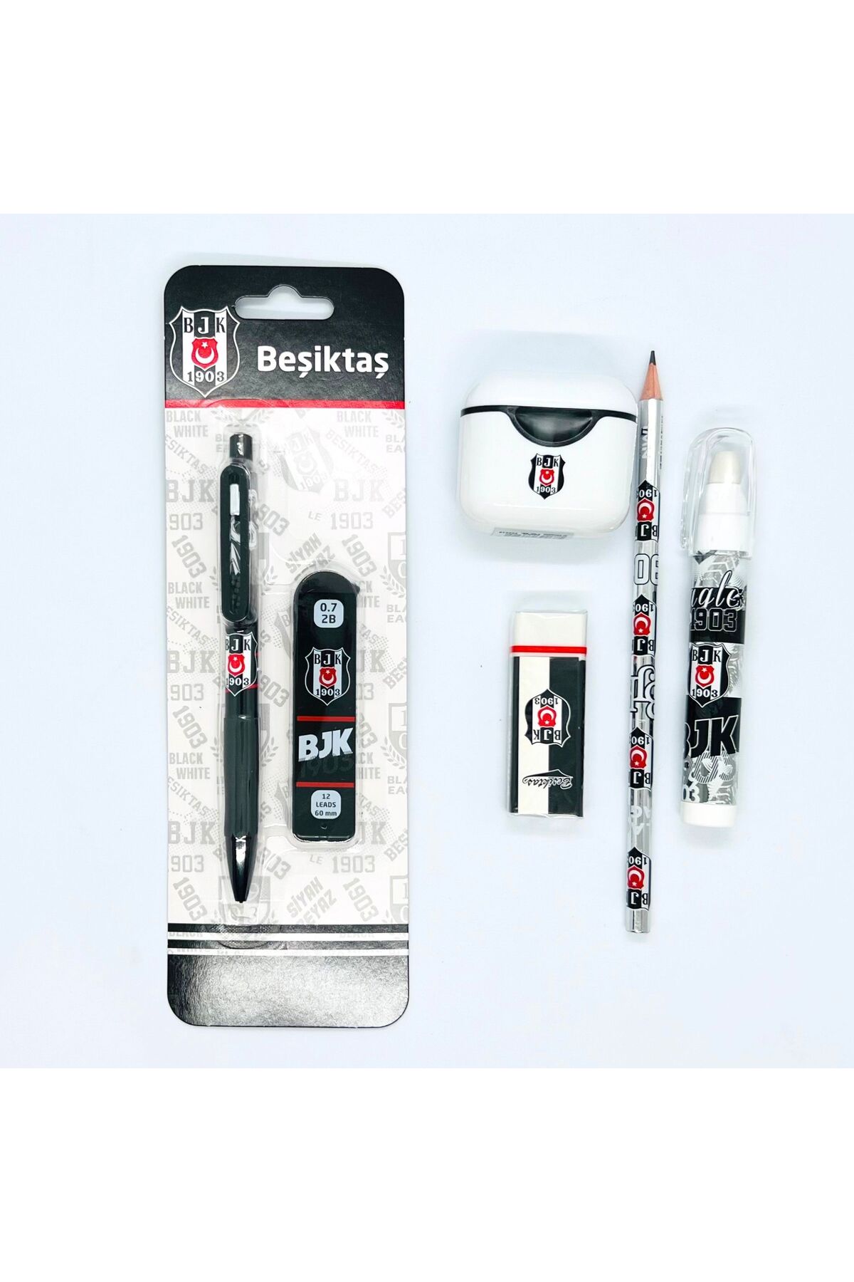 Beşiktaş Lisanslı Kırtasiye Seti | Uçlu Kalem, Yedek Uç, Kurşun Kalem, Silgi, Kalemtıraş Okul Seti