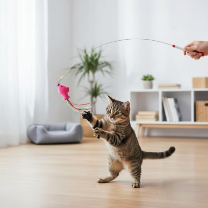 kedi balıklı zilli kedi oltası ile oynuyor