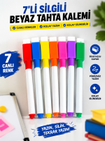 BakGelAl 7'li Silgili Beyaz Tahta Kalemi | Akrilik Çizim Panosu Uyumlu Renkli Set