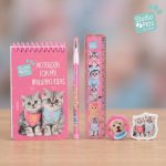 BakGelAl Studio Pets 5 Parça Kırtasiye Seti Kedi Köpek Desenli Defter Kalem Cetvel Silgi Okul Seti