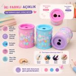 BakGelAl Super Desenli Çift Delikli Hazneli Kalemtraş – Renkli Çocuk Kalem Açacağı Okul Ofis Kırtasiye Ürünü 1 Adet - Görsel 2