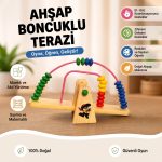 Doğal ahşap boncuklu denge ve sayı sayma terazisi eğitici oyuncak tanıtım görseli