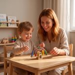 Çocuk odasında ahşap boncuklu denge terazisi ile oynayan anne ve 3 yaş çocuk