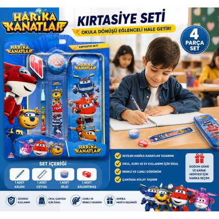 harika kanatlar kırtasiye seti ve kalem kullanan çocuk