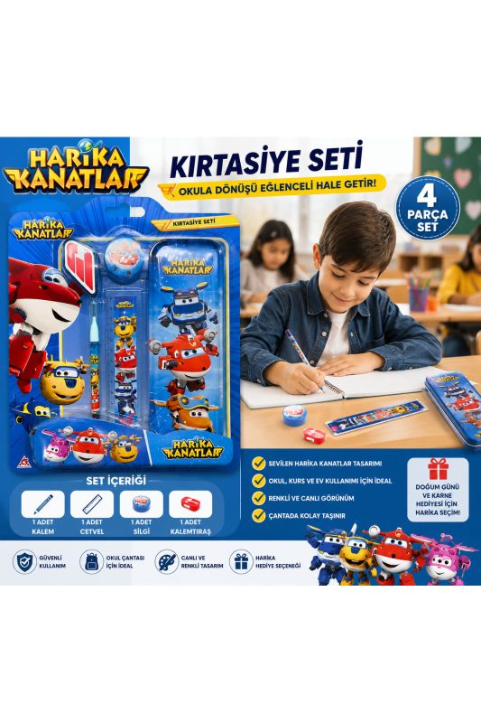 harika kanatlar kırtasiye seti ve kalem kullanan çocuk