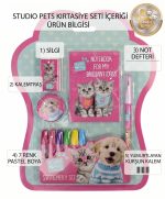 BakGelAl Studio Pets Lisanslı 5 Parça Kırtasiye Seti – Not Defteri, 7 Renk Pastel Boya, Yumurtlayan Kurşun Kalem, Silgi ve Kalemtıraşlı Okul Seti