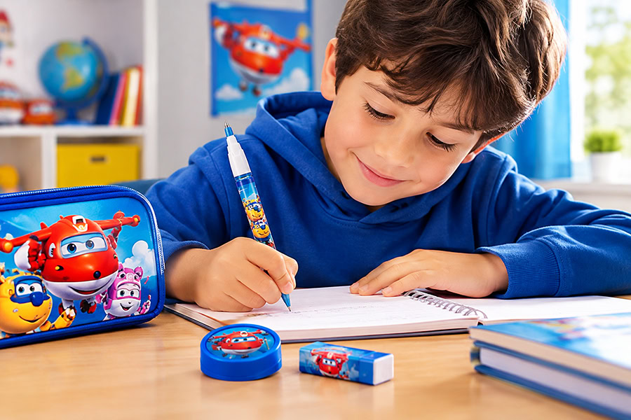 harika kanatlar kırtasiye seti kullanan çocuk