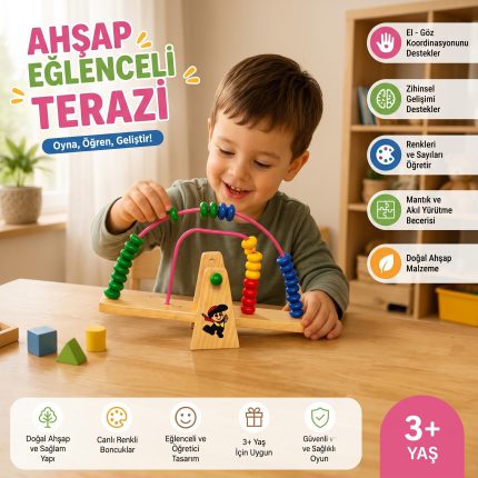 3 yaş ahşap eğlenceli sayı boncuk terazisi gelişim alanları ve özellikleri infografiği