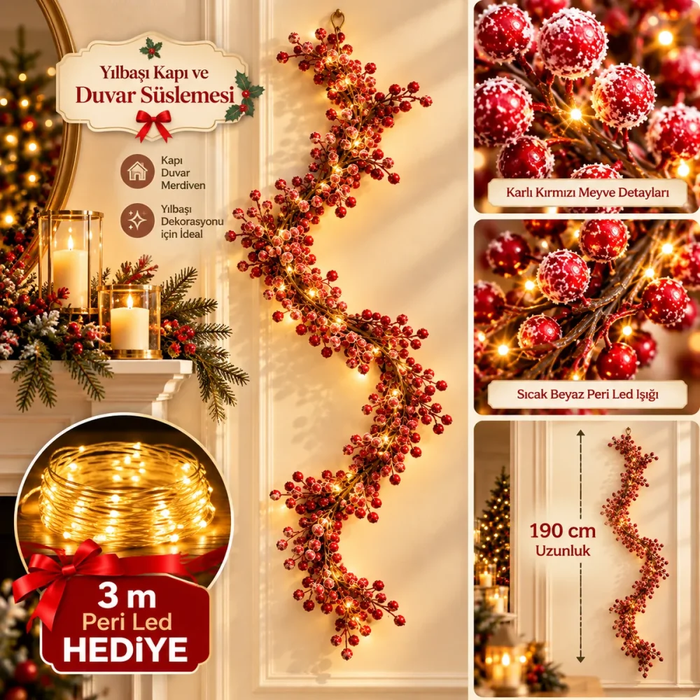 190 cm Kokina Kapı Süsü Garland (3 m Peri LED Hediyeli) - Görsel 9