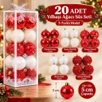 20 Adet 5 cm Kırmızı Beyaz Lüks Yılbaşı Ağaç Süsü