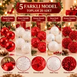 20 Adet 5 cm Kırmızı Beyaz Lüks Yılbaşı Ağaç Süsü - Görsel 2