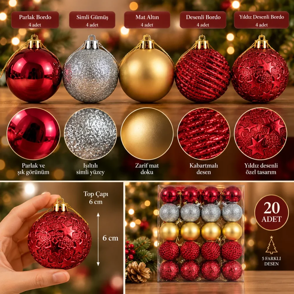 20 Adet 6 cm Premium Yılbaşı Ağaç Süsü - Görsel 5