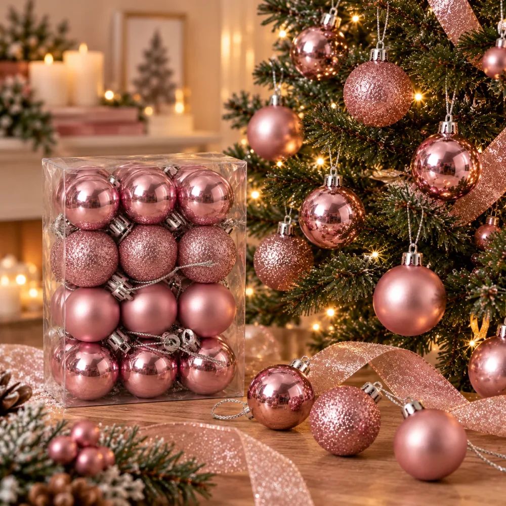 24 Adet Pembe 3 cm Yılbaşı Ağaç Süsü - Görsel 2