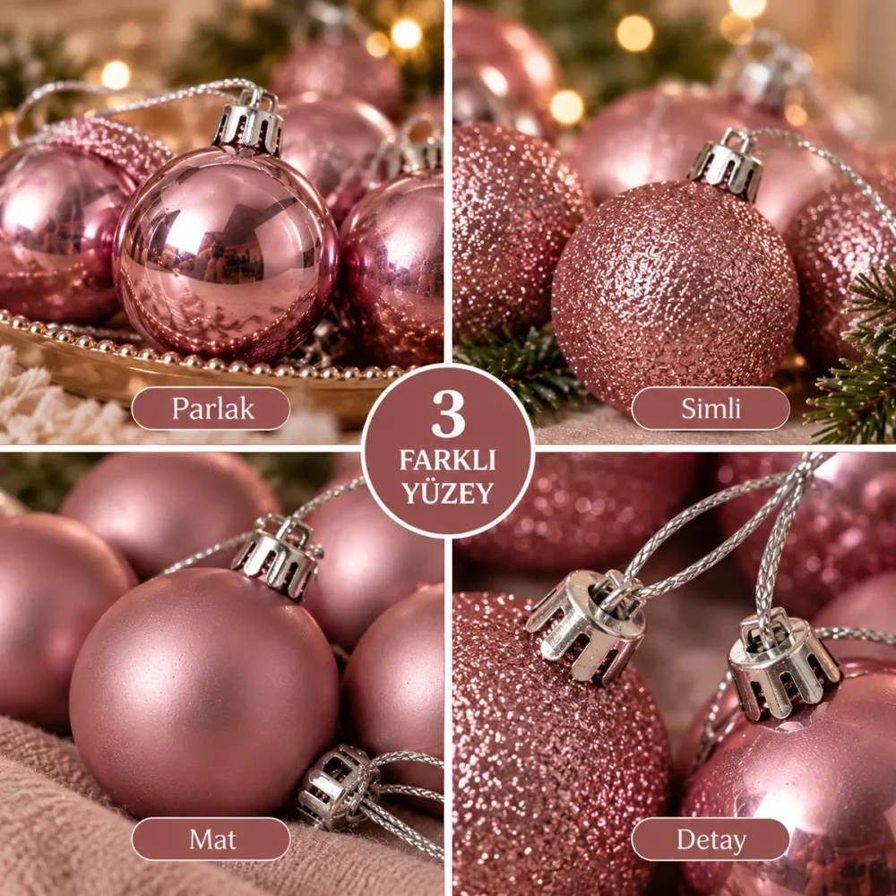 24 Adet Pembe 3 cm Yılbaşı Ağaç Süsü - Görsel 3