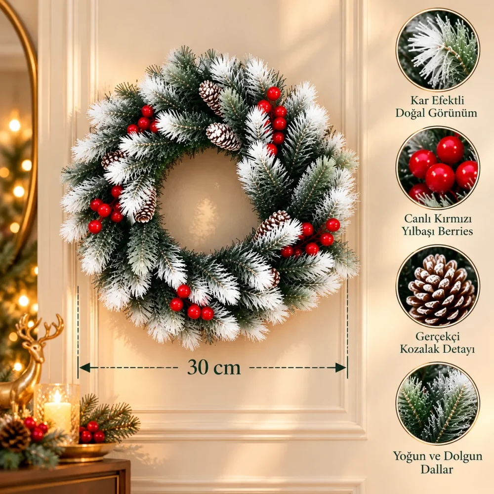 30 cm Doğal Görünümlü Lüks Yılbaşı Kapı Süsü - Görsel 4
