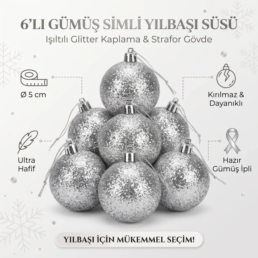 5 cm Strafor Simli Yılbaşı Topu 6'lı - Görsel 11