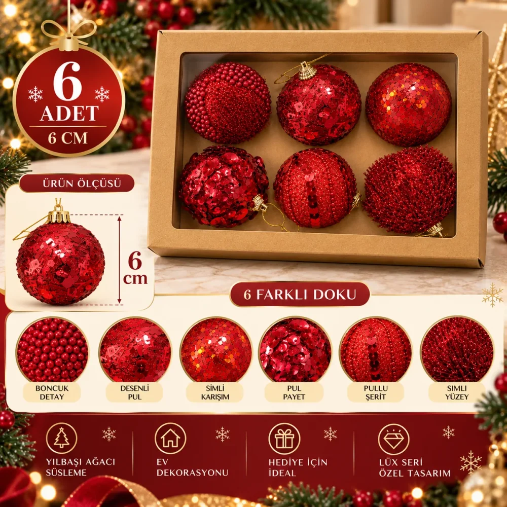 6 cm Premium Yılbaşı Ağaç Süsü 6'lı - Görsel 2