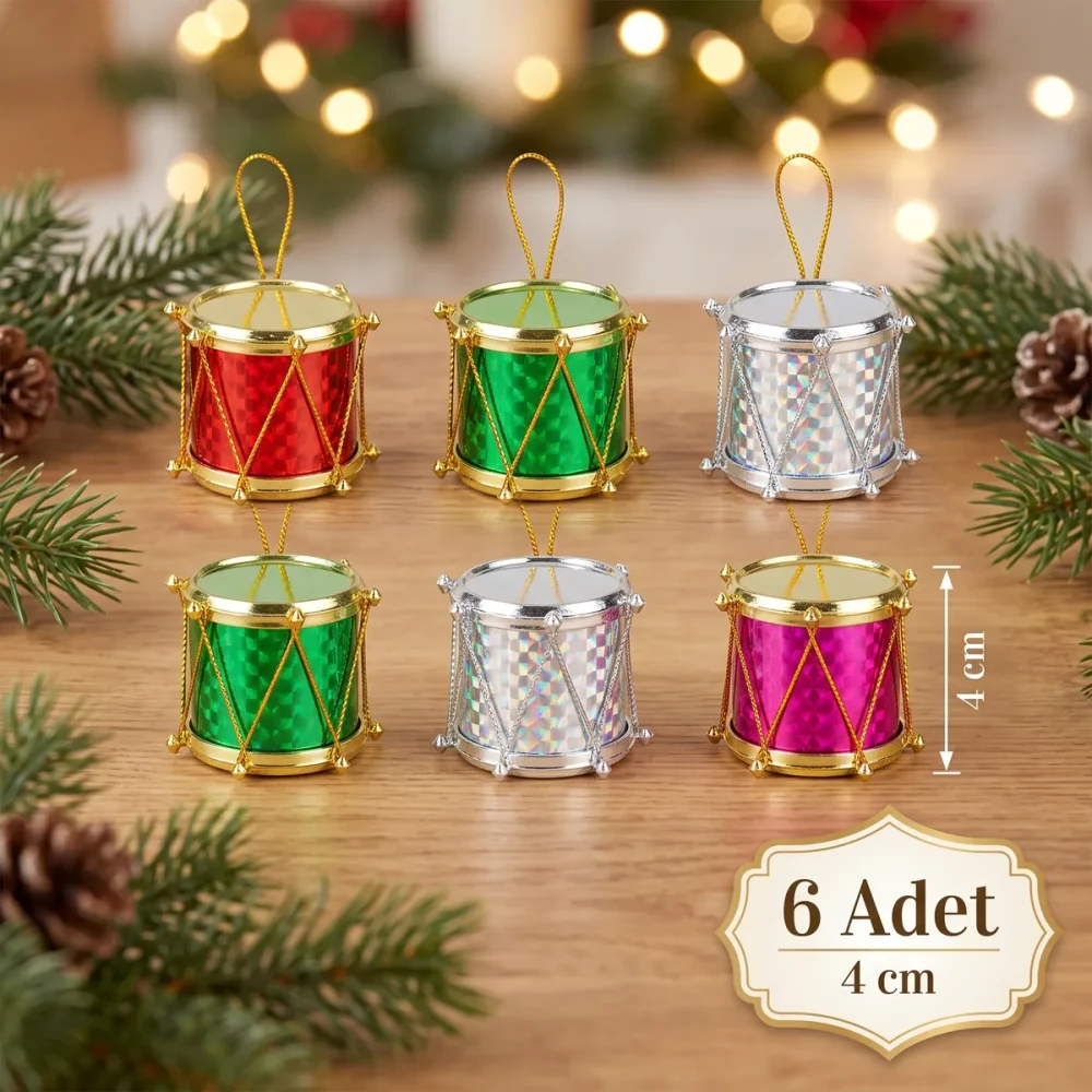 Davul Yılbaşı Süsü 6'lı Renkli 4 cm - Görsel 2