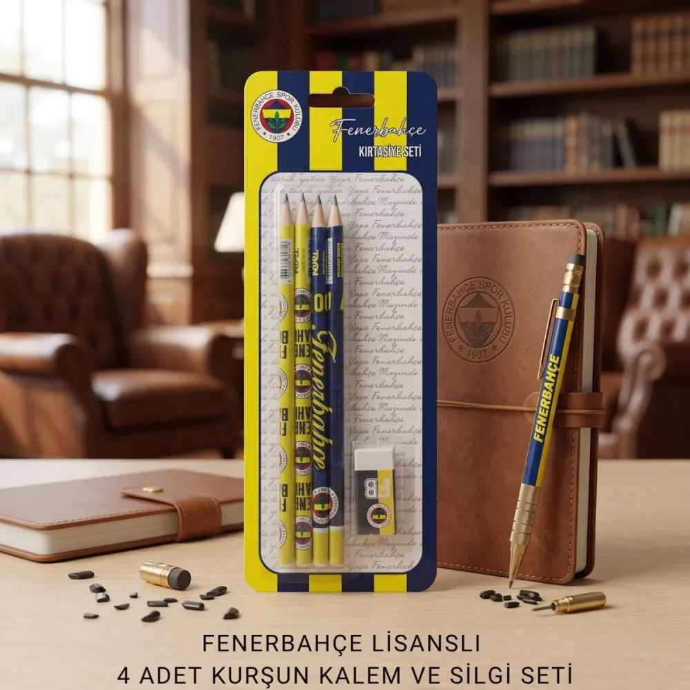 Fenerbahçe Lisanslı Dörtlü Kurşun Kalem ve Silgi Seti – Sarı Lacivert - Görsel 2