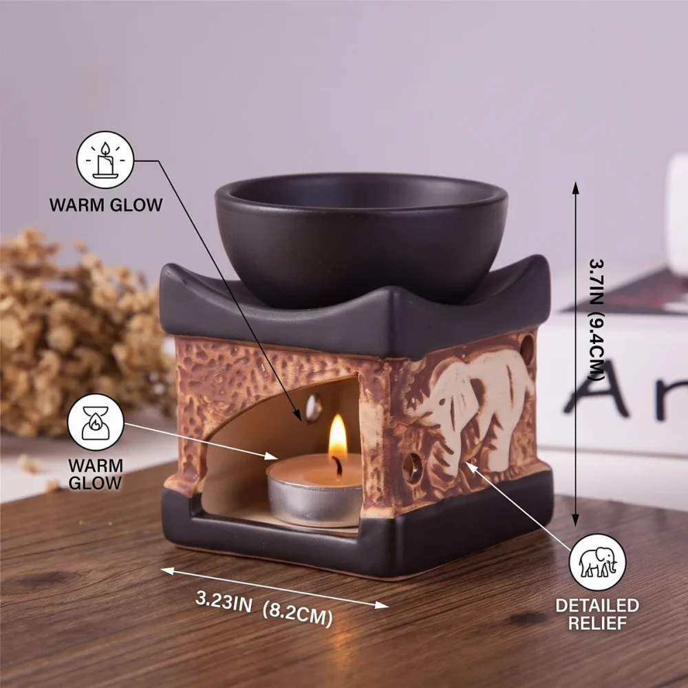 Fil Dokulu Seramik Buhurdanlık – Tealight Mumlu Esans Yağı Yakıcı - Görsel 3