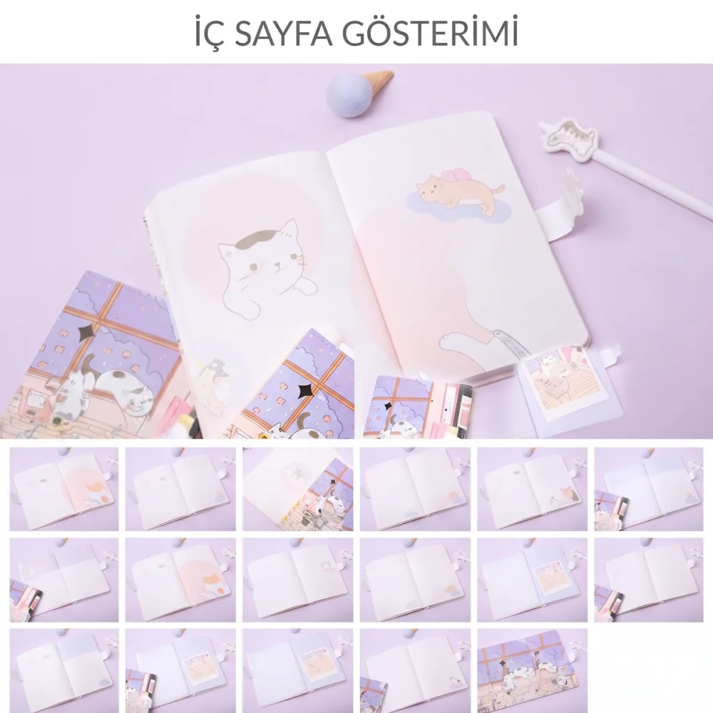 Sevimli Kediler Tasarımlı Patili Manyetik Klipsli Defter – Renkli Sayfalı Günlük - Görsel 8